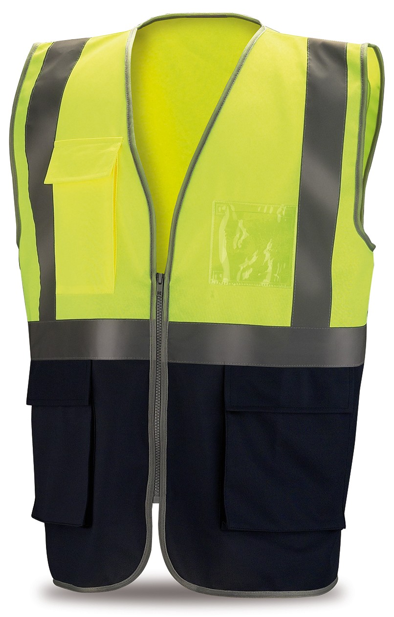 288VMBFYFA Chaleco Alta Visibilidad de punto bicolor. Multibolsillos 120 gr.