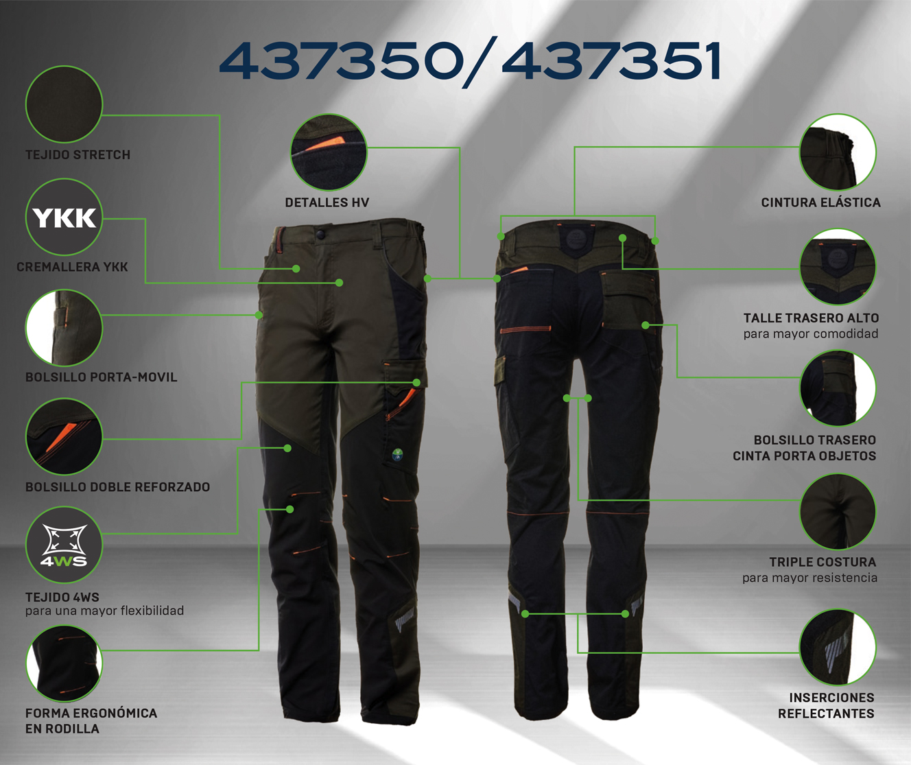 437351VNE Pantalón NICE STRETCH verde/negro 245 gr. + 4WS. Multibolsillos.