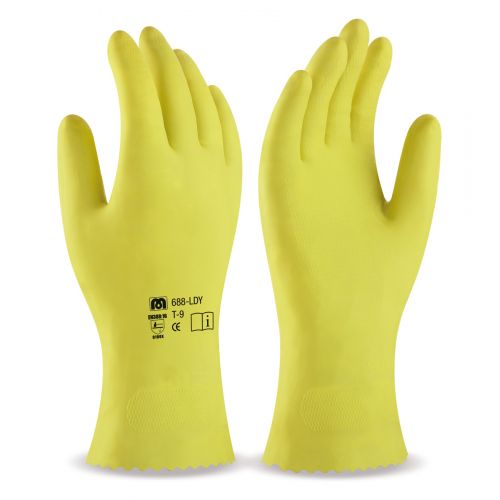 688LDY Guante tipo doméstico de látex en color amarillo para riesgos mecánicos superficiales.