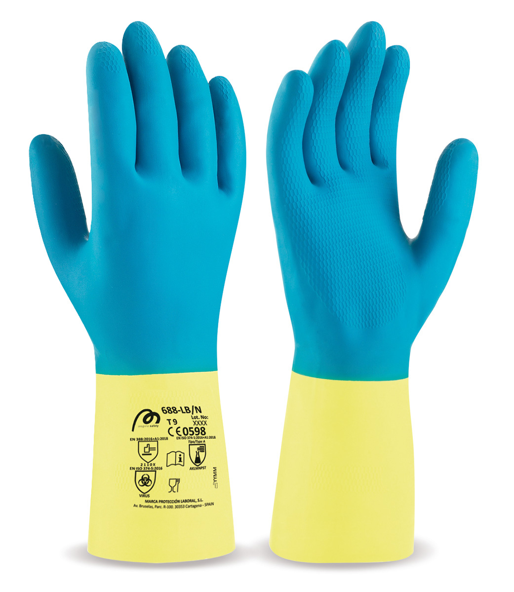688LBNSIN Guante de látex azul/amarillo con refuerzo de neopreno para riesgos mecánicos, químicos y microorganismos.