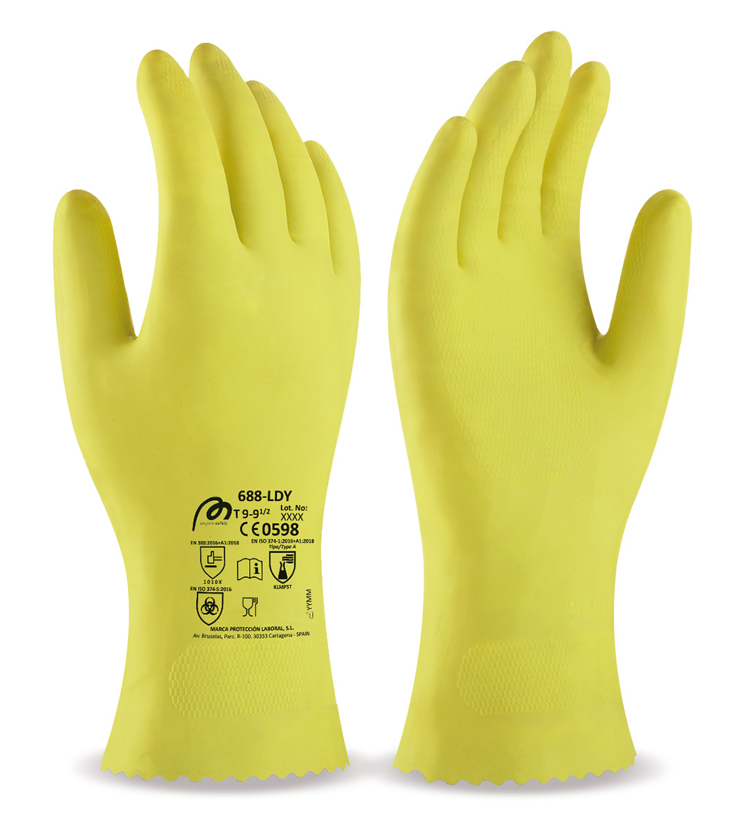 688LDY Guante tipo doméstico de látex amarillo para riesgos mecánicos superficiales.