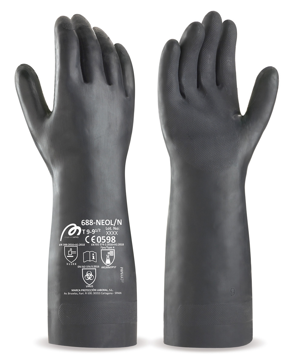 688NEOLNNE Guante largo de neopreno negro para riesgos mecánicos, químicos y microorganismos.