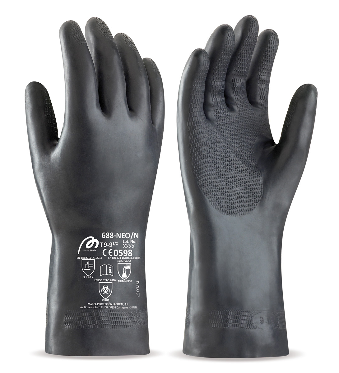 688NEONNE Guante de neopreno negro para riesgos mecánicos, químicos y microorganismos.