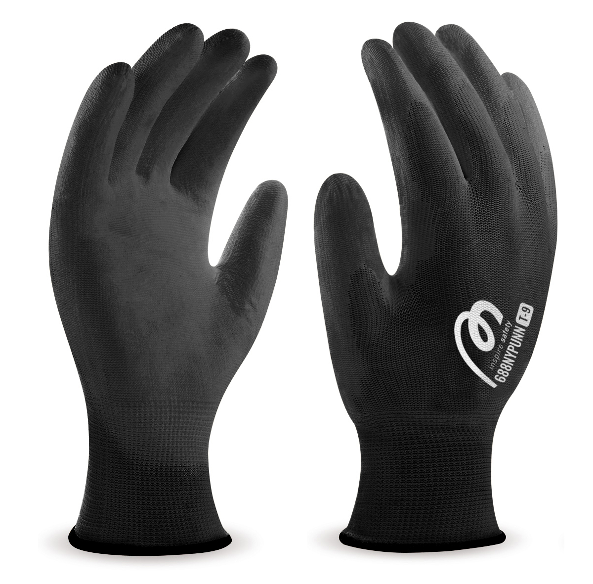 688NYPUNNNE Guante de poliéster negro con recubrimiento de poliuretano negro.