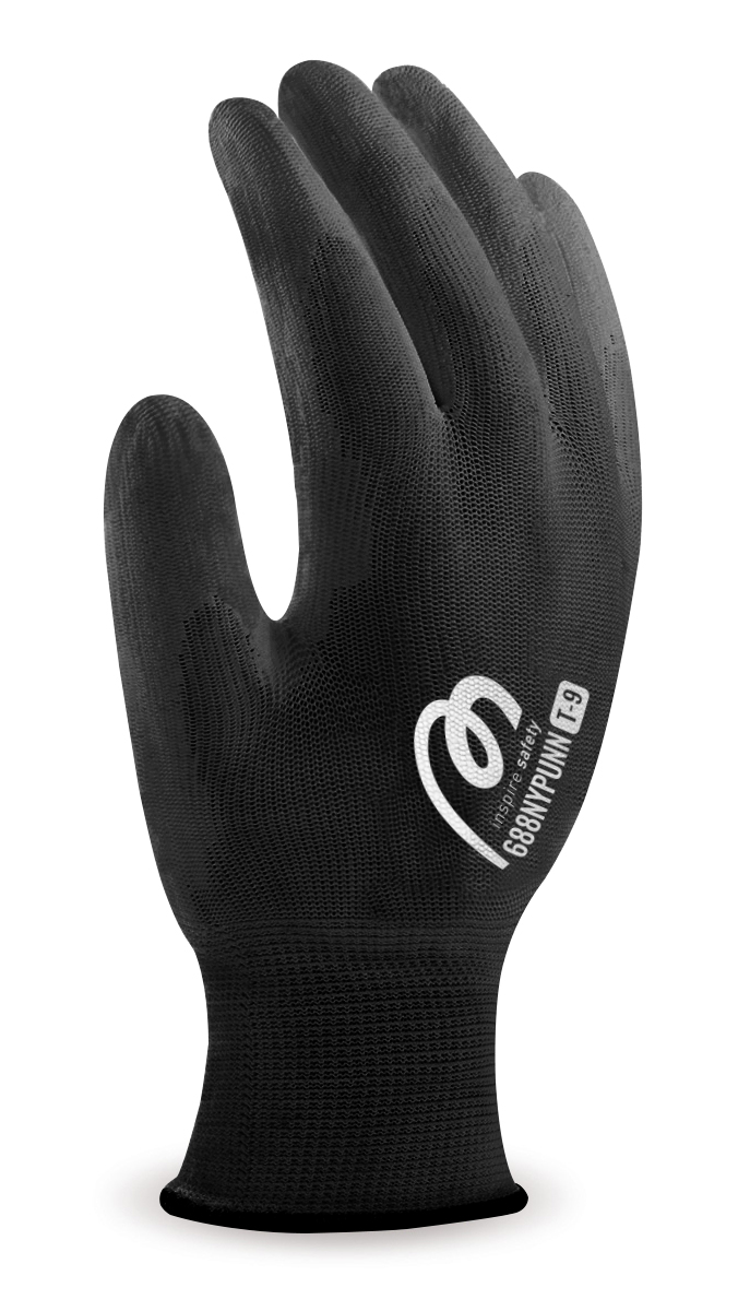 688NYPUNNNE Guante de poliéster negro con recubrimiento de poliuretano negro.