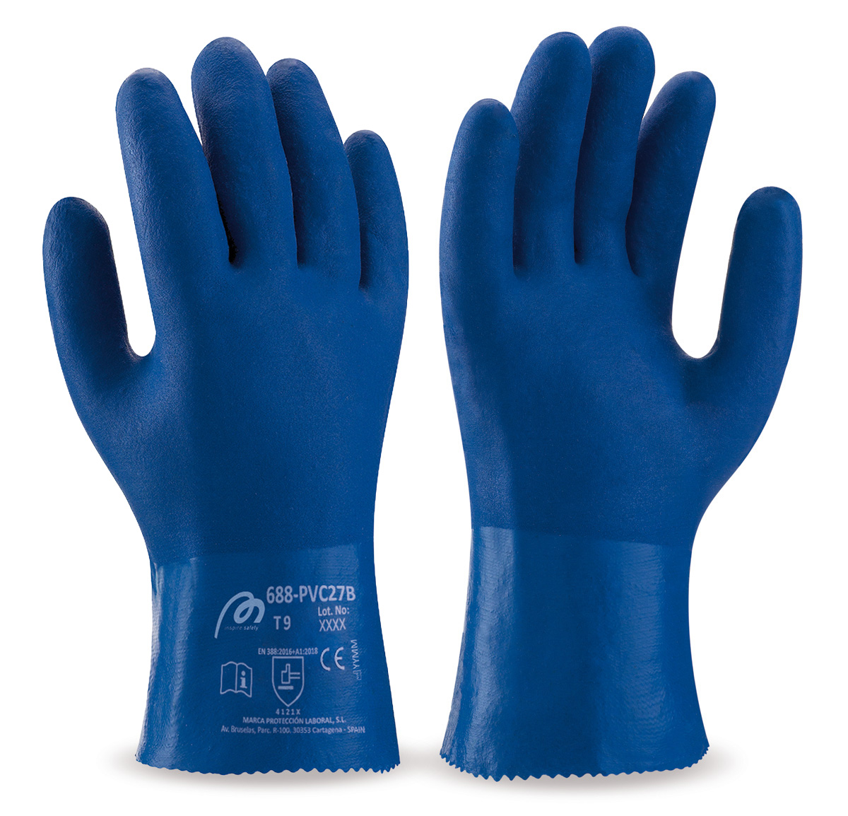 688PVC27BA Guante de PVC estanco de 27 cm. azul de doble capa rugosa.