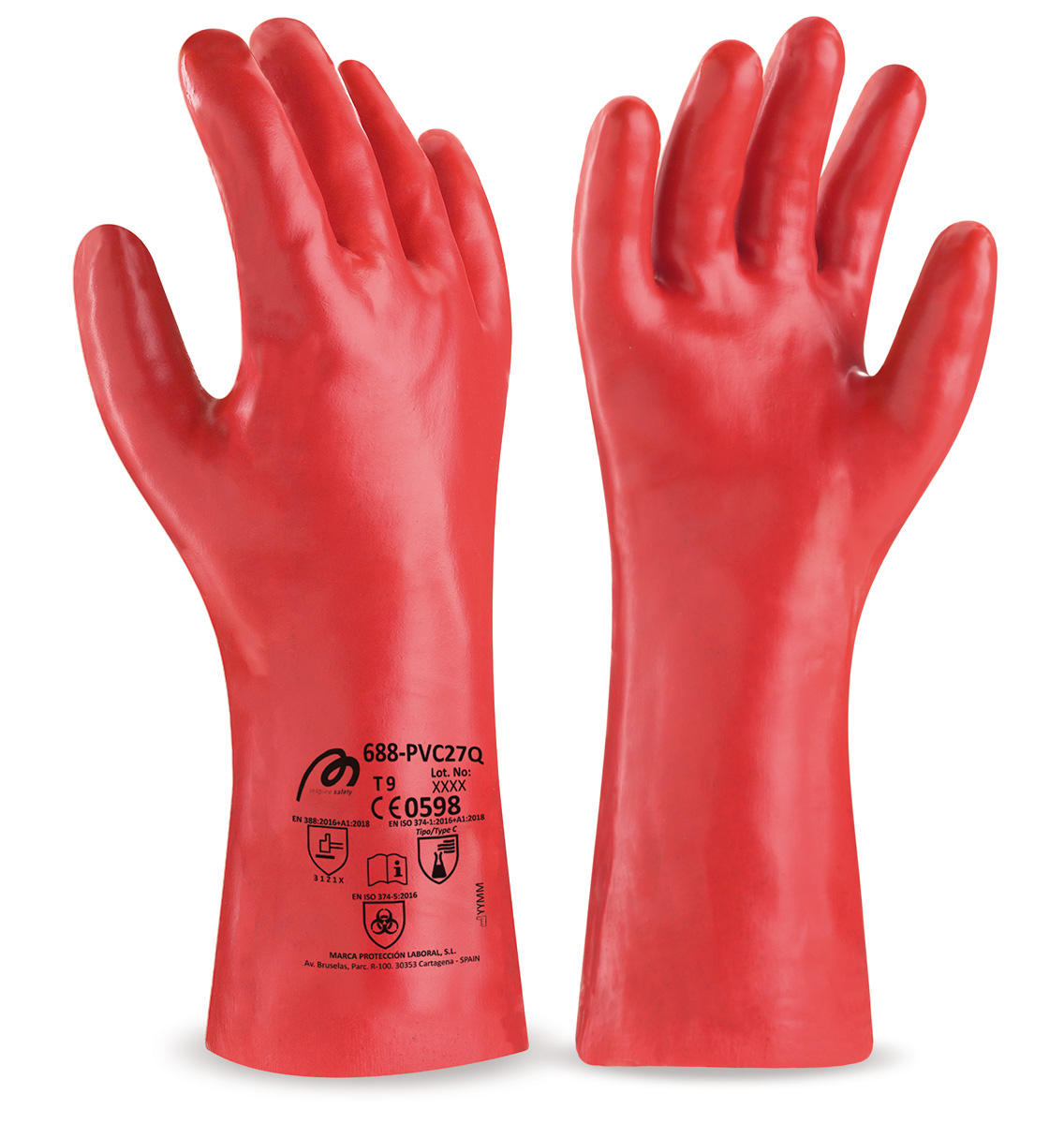 688PVC27QR Guante de PVC estanco de 27 cm. rojo para riesgos mecánicos, químicos y microorganismos.