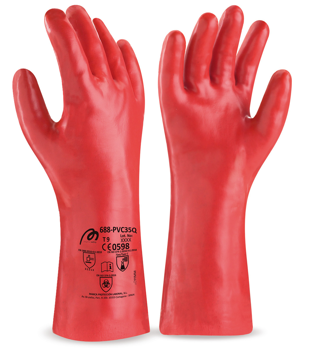 688PVC35QR Guante largo de PVC estanco de 35 cm. rojo para riesgos mecánicos, químicos y microorganismos.
