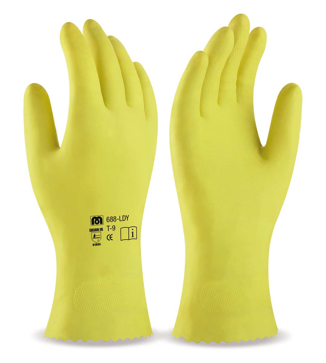 688LDY Guante tipo doméstico de látex amarillo para riesgos mecánicos superficiales.