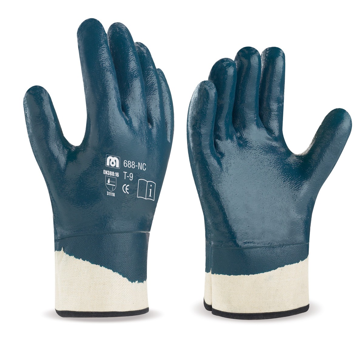 688NCA Dorso cubierto. Guante Nitrilo flexible con soporte de punto de algodón, manguito rígido y forro interior.
