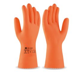 688LDNNN Guante tipo industrial de látex naranja para riesgos mecánicos, químicos y microorganismos.