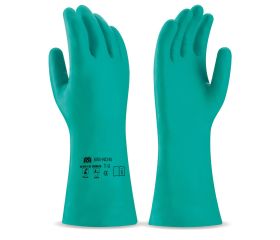 688NDNV Guante tipo industrial de nitrilo en color verde para riesgos mecánicos, químicos y microorganismos.