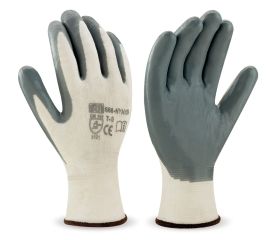 688NYNBG Guante de poliéster blanco con recubrimiento de nitrilo gris.