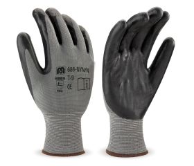 688NYNNNE Guante de poliéster gris con recubrimiento de nitrilo negro.