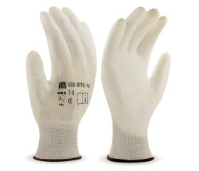 688NYPUNBL Guante de poliéster blanco con recubrimiento de poliuretano blanco .