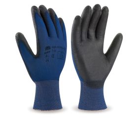688NYPUUA Guante de nylon azul ultra-fino con recubrimiento poliuretano negro.