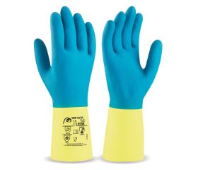 688LBNSIN Guante de látex azul/amarillo con refuerzo de neopreno para riesgos mecánicos, químicos y microorganismos.