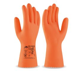 688LDNNN Guante tipo industrial de látex naranja para riesgos mecánicos, químicos y microorganismos.