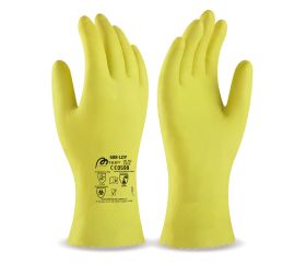 688LDY Guante tipo doméstico de látex amarillo para riesgos mecánicos superficiales.