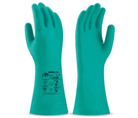 688NDLNV Guante largo de nitrilo verde para riesgos mecánicos, químicos y microorganismos.
