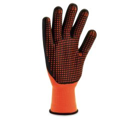 688NYNFDN Guante de poliamida y licra naranja recubierto de espuma de nitrilo negro con puntos