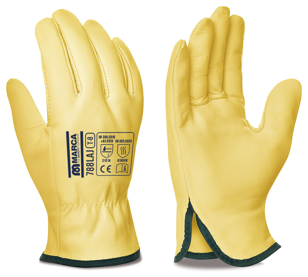 788LAJY Guante tipo conductor de piel flor vacuno amarillo con ribete.
