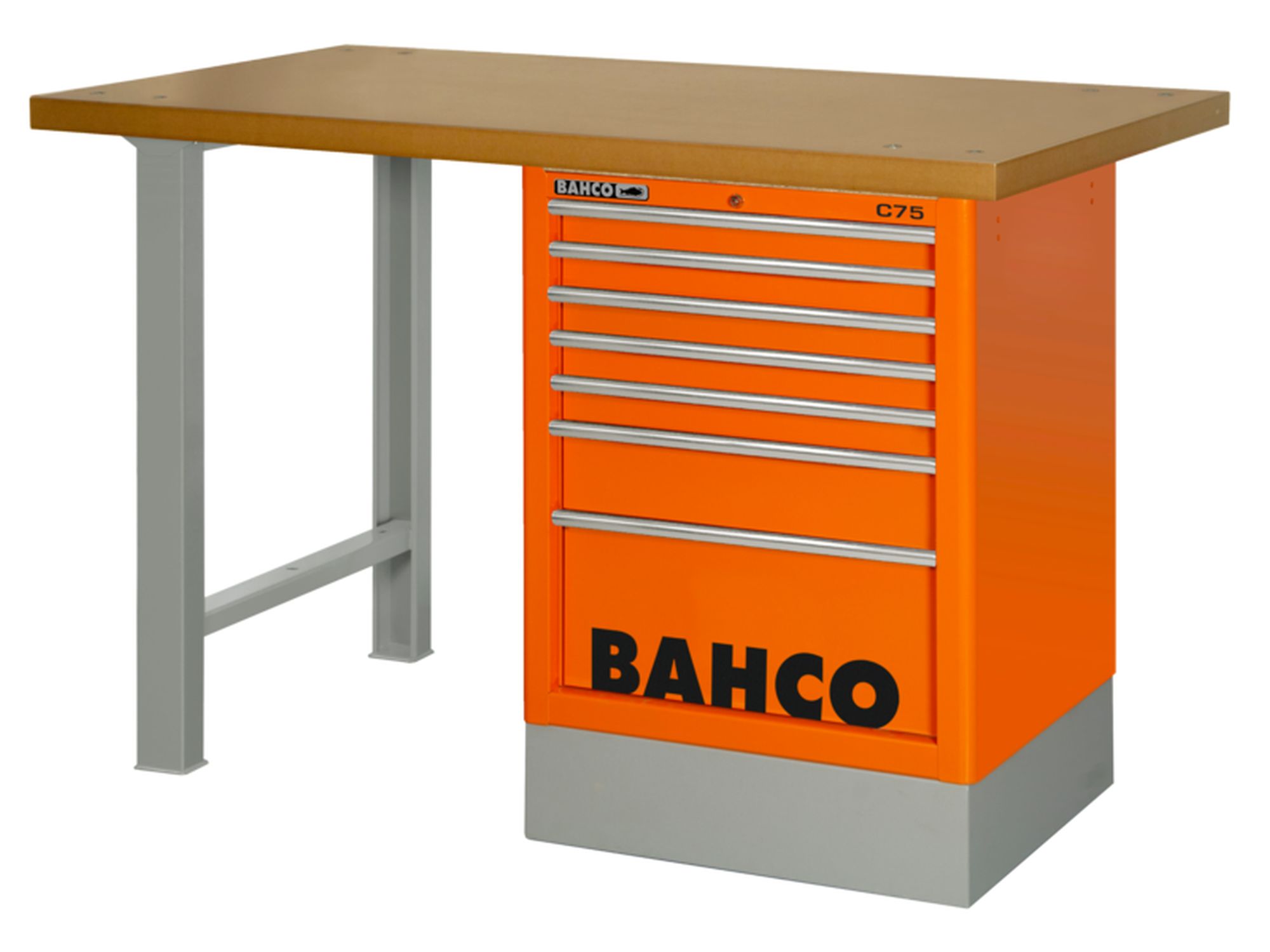 Banco de trabajo con encimera de DM de industria pesada con 2 patas y 6 cajones en color rojo de 1800 mm x 750 mm x 1030 mm