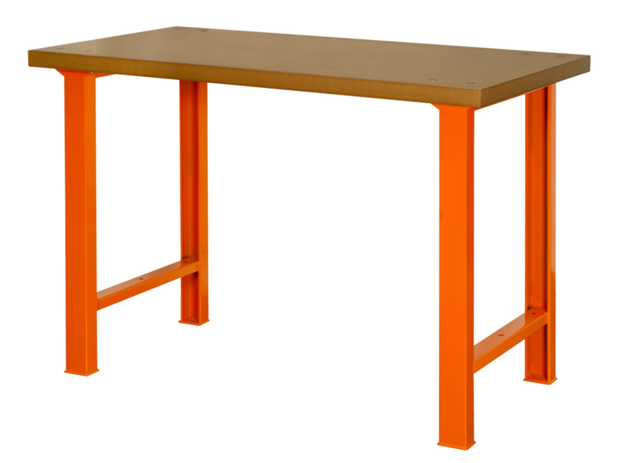 Banco de trabajo con encimera de DM de industria pesada con 4 patas en color naranja de 1500 mm x 750 mm x 1030 mm