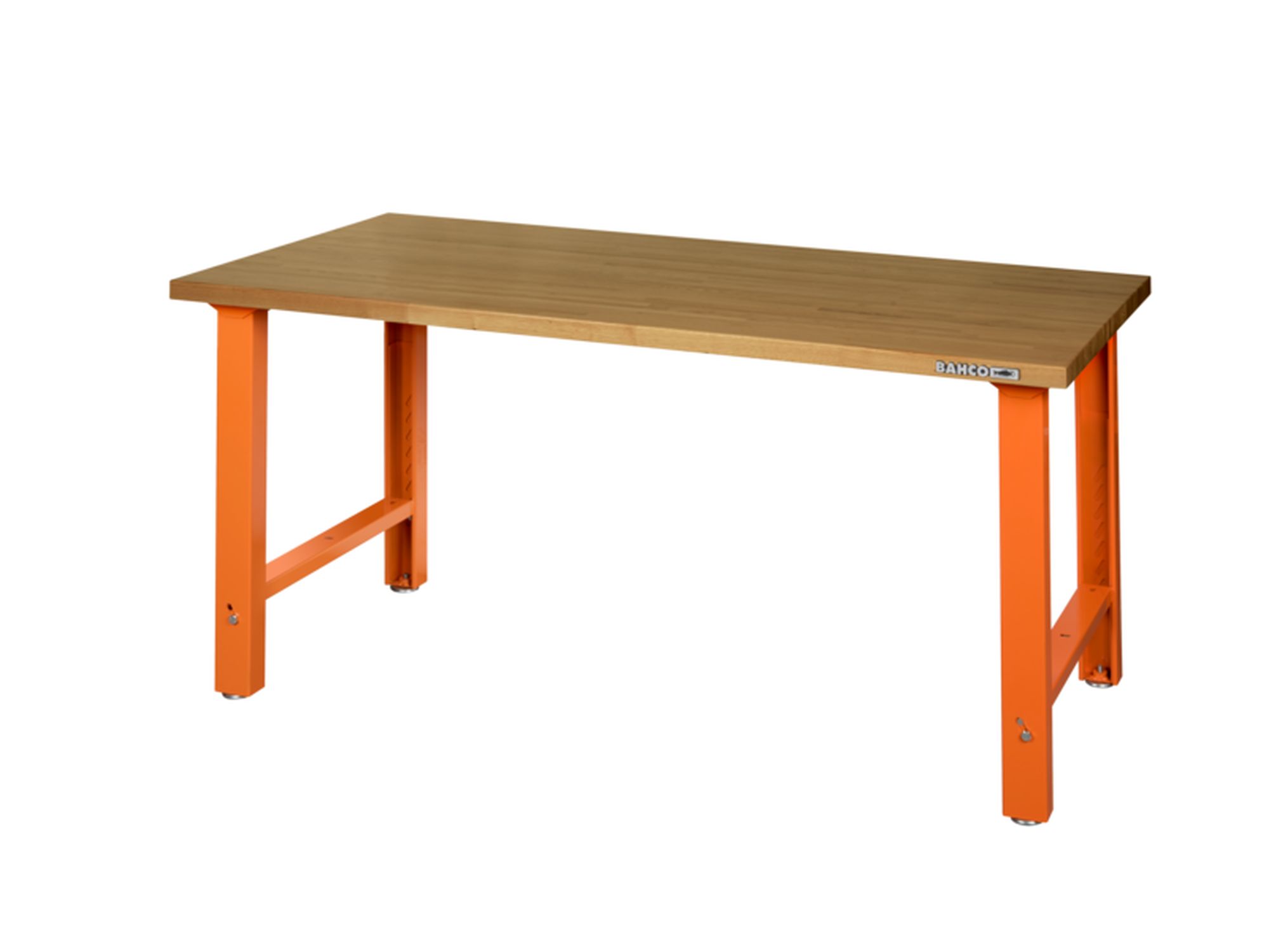 Banco de trabajo de industria pesada con encimera de DM y 4 patas de altura ajustable en color naranja de 1800 mm x 750 mm x 1030 mm