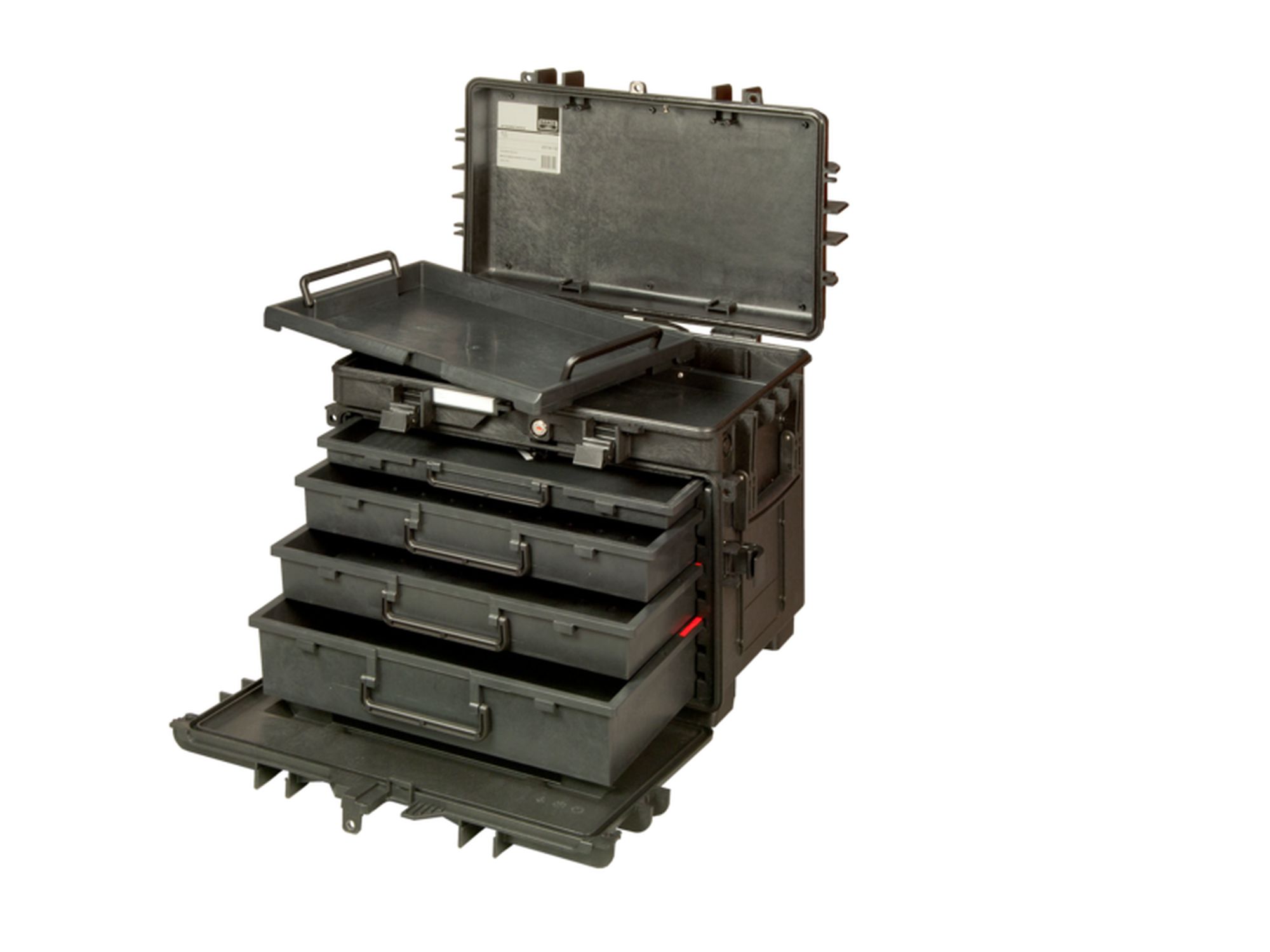 Maleta rígida con ruedas de 150 l con asa telescópica y 4 cajones de 600 mm x 400 mm x 470 mm