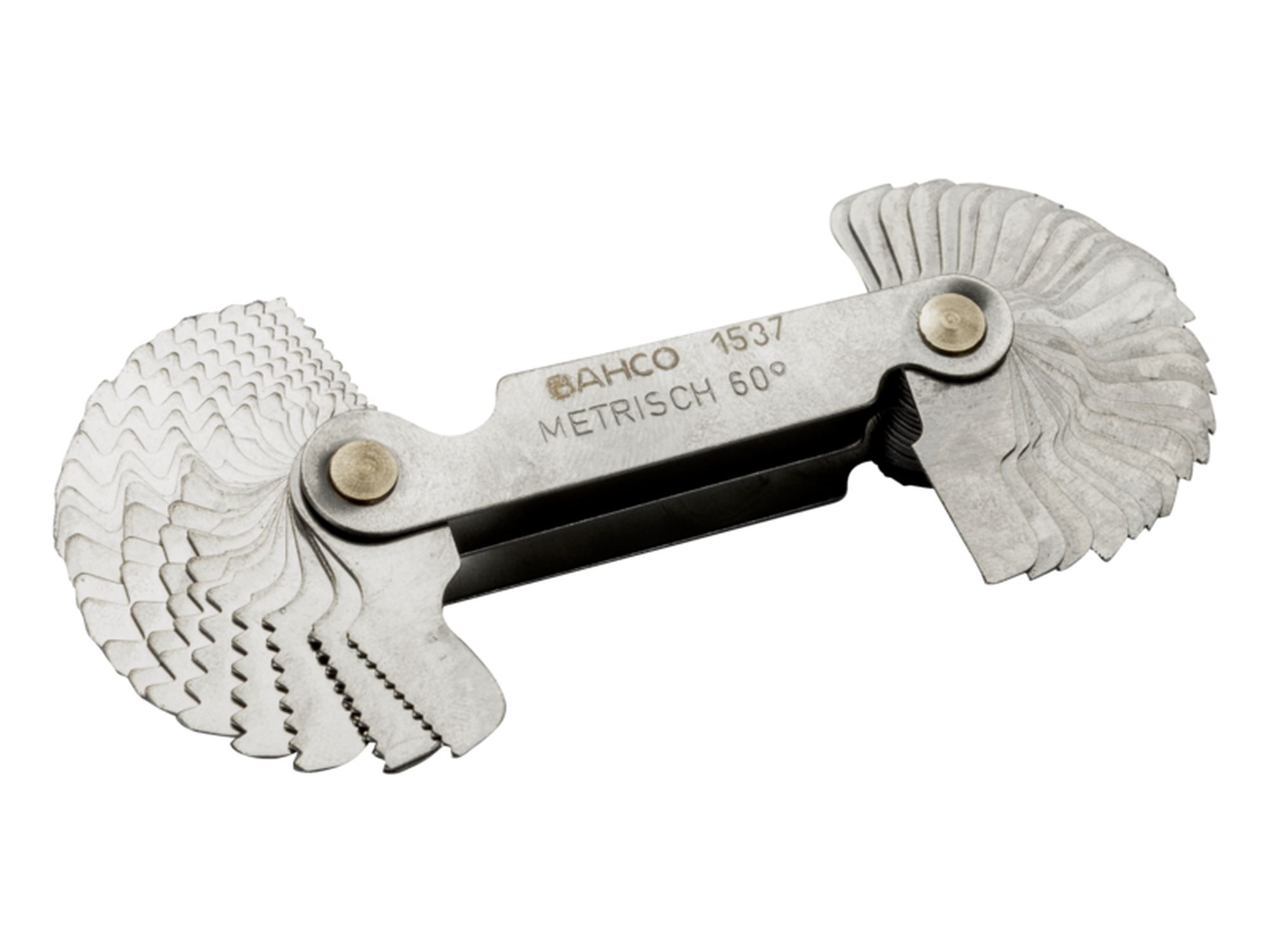 Galga de roscas con medidas métricas, ángulo de 60° y sistema Whitworth de 55º (30 mm)