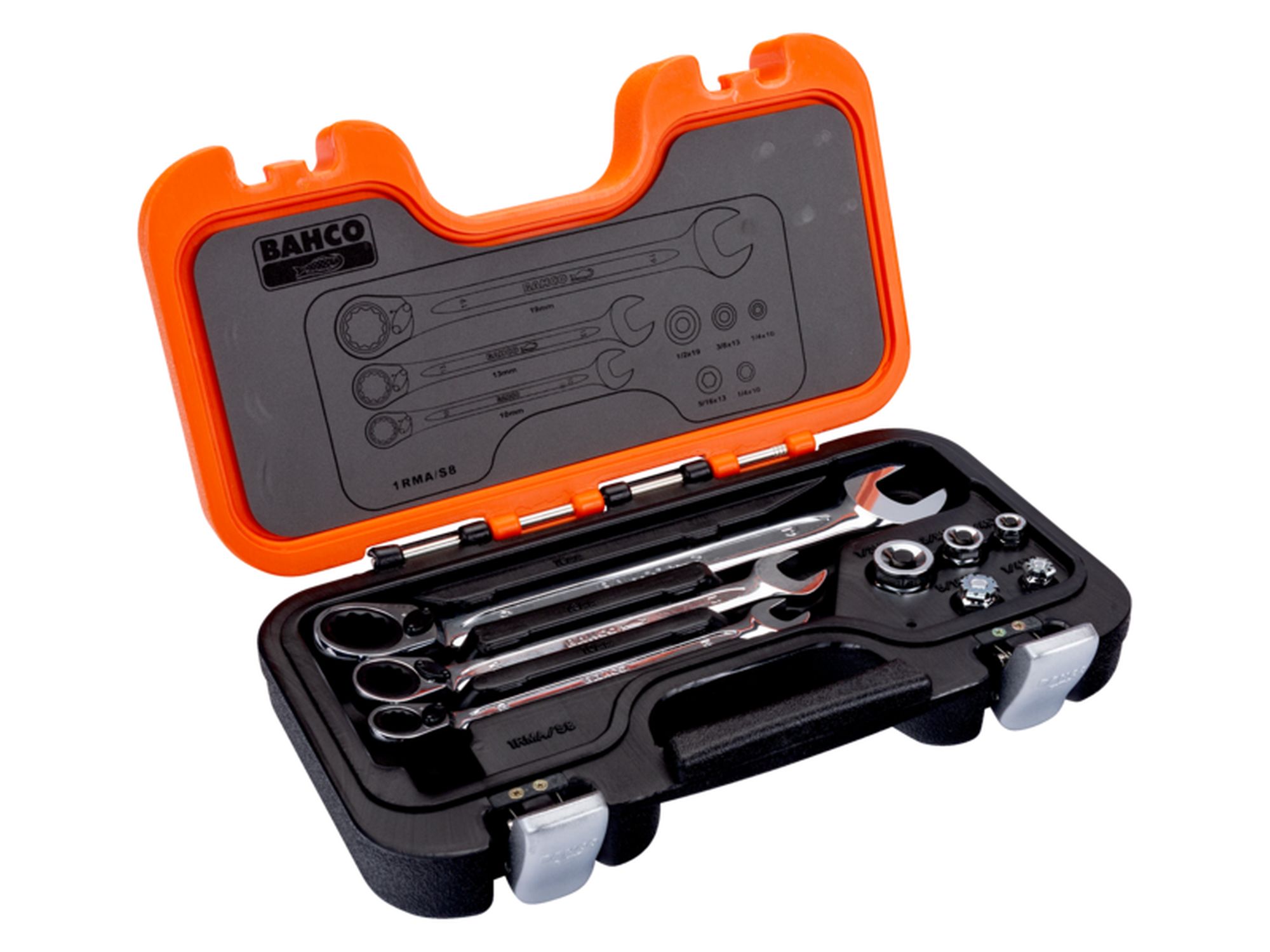 Juego de adaptadores y llaves combinadas de carraca (8 piezas/estuche)