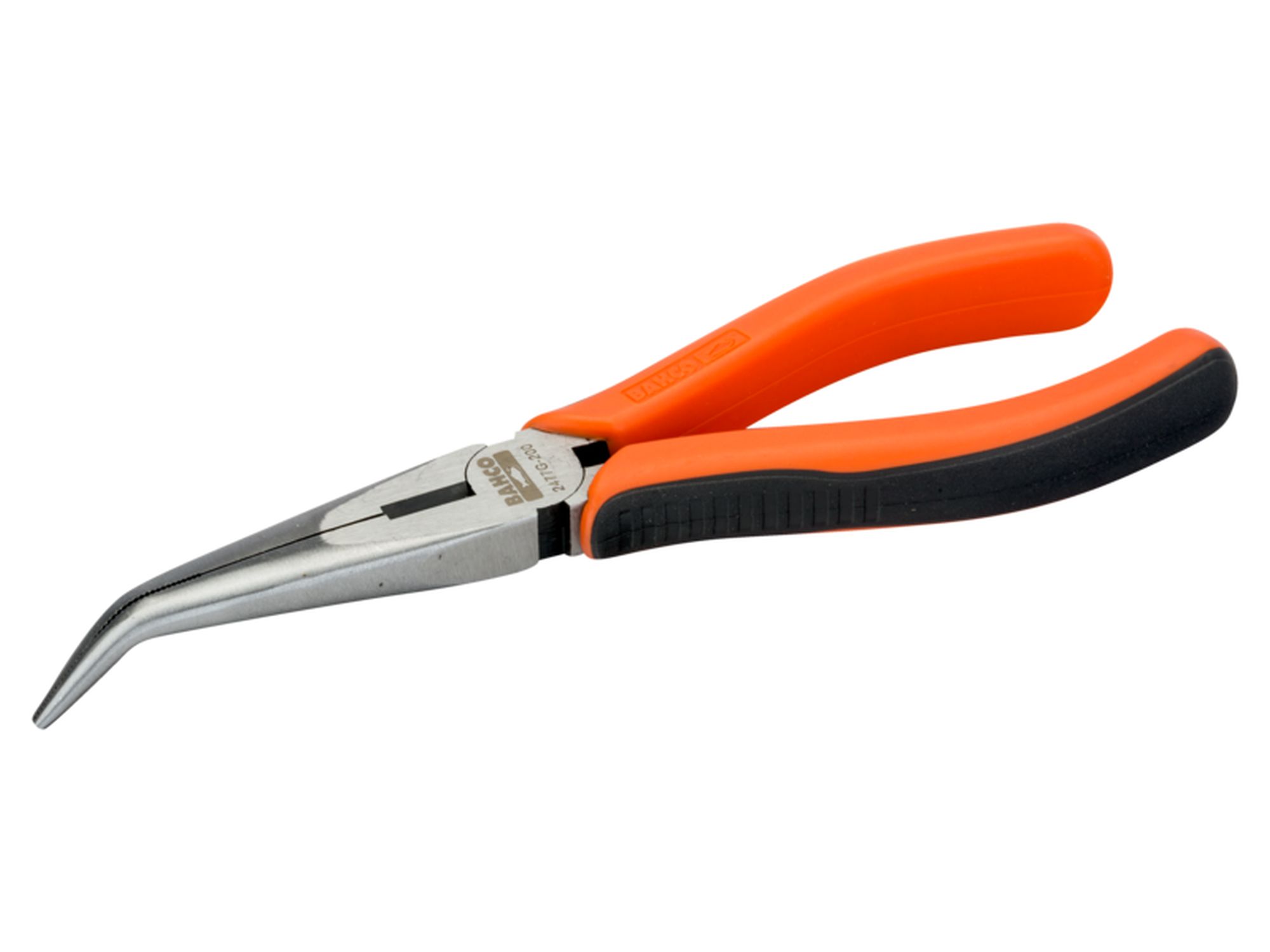 Alicates de boca semirredonda y punta curva de 45° con mangos bi-componentes y acabado lacado, 210 mm