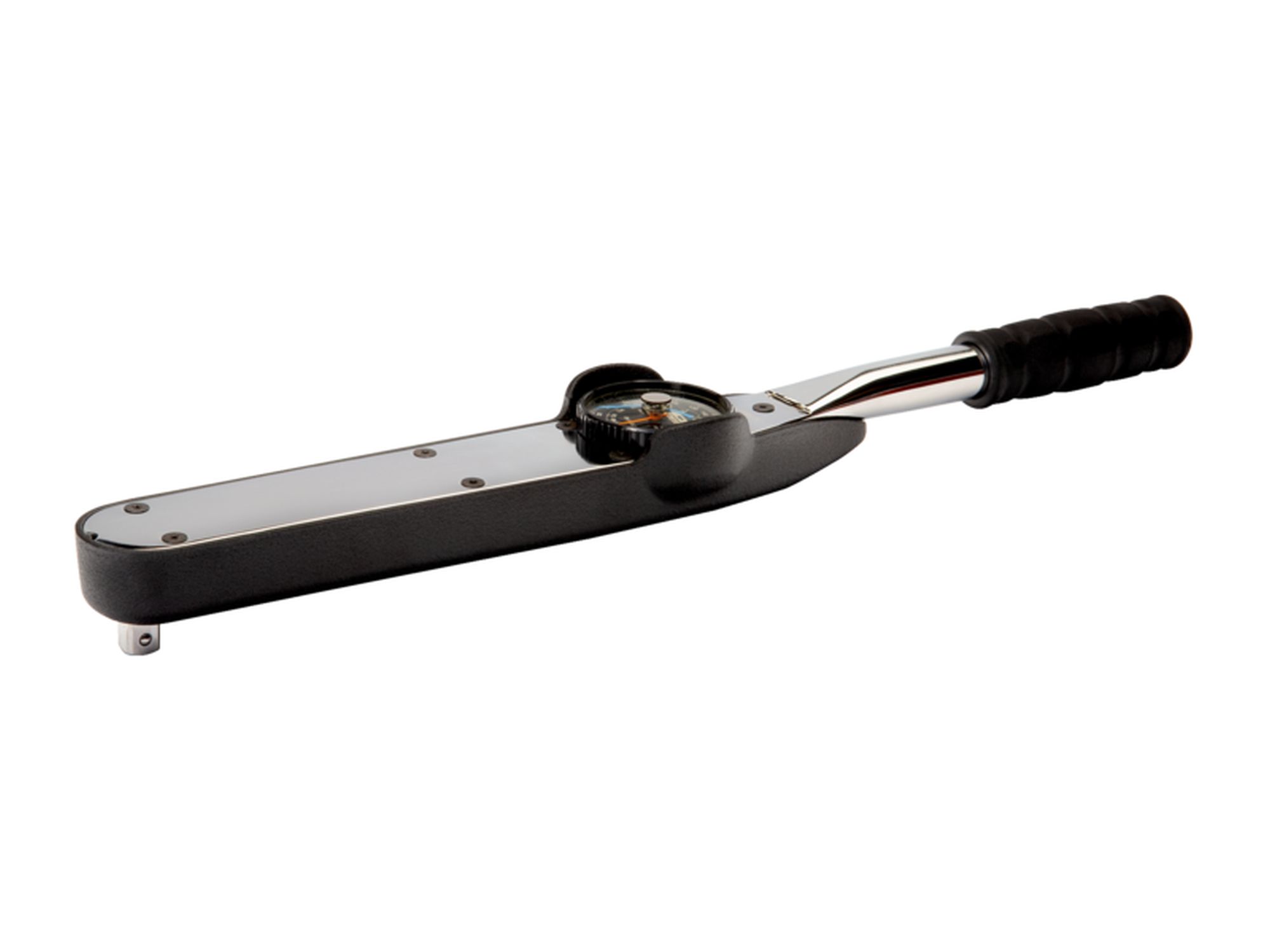 Llave dinamométrica mecánica de dial, cuadradillo fijo y mango de plástico. Doble escala