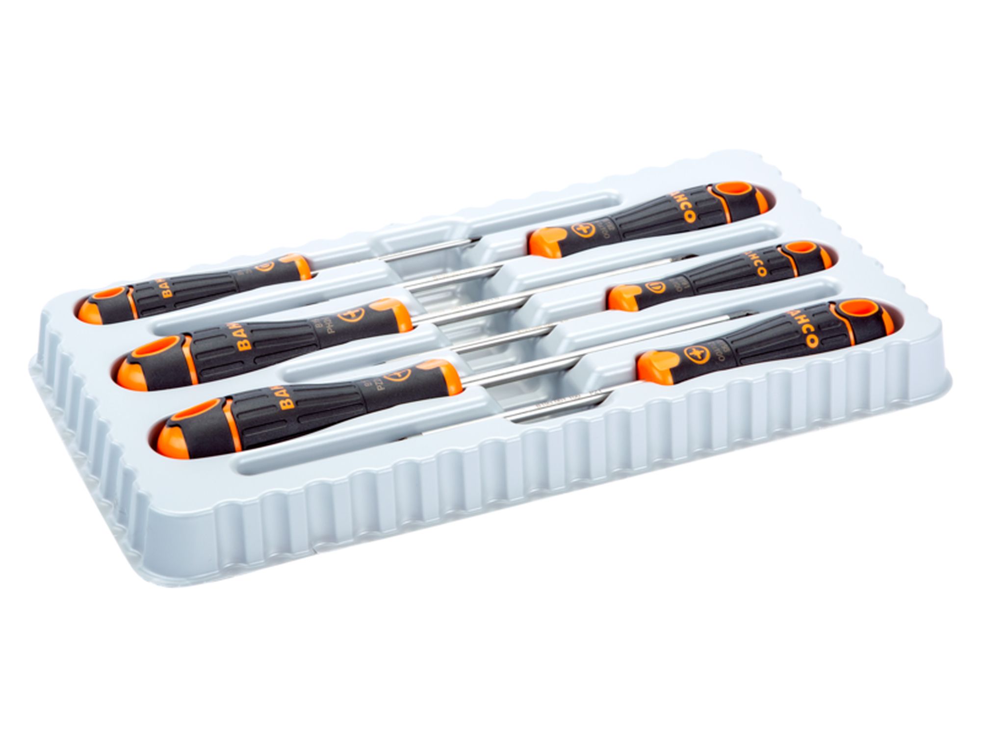 Juego de 6 destornilladores para ranurados, Phillips y Pozidriv BahcoFit con agarre de goma