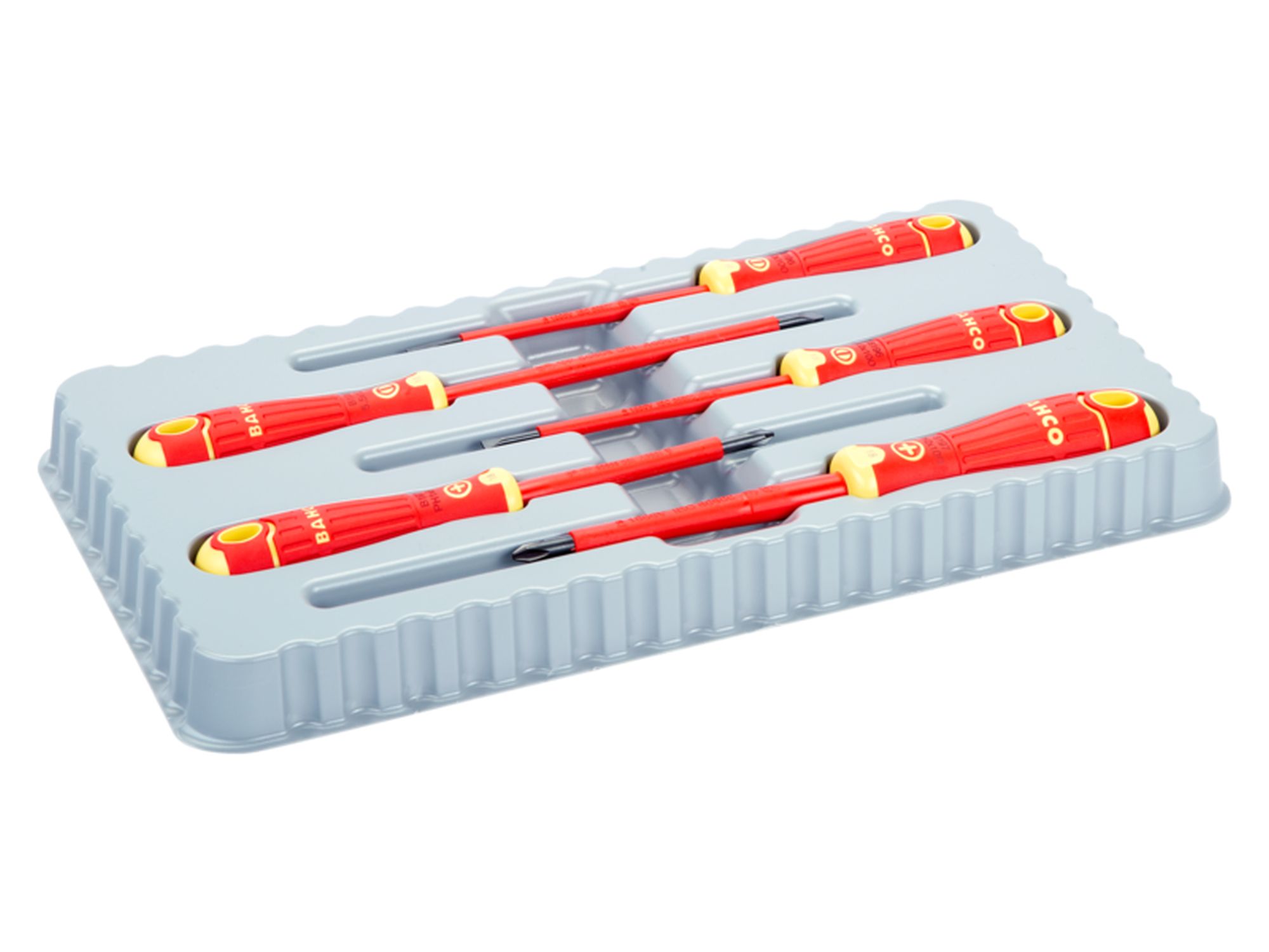 Juego de destornilladores ranurados y Phillips aislados VDE BahcoFit con mango multicomponente, 5 unidades