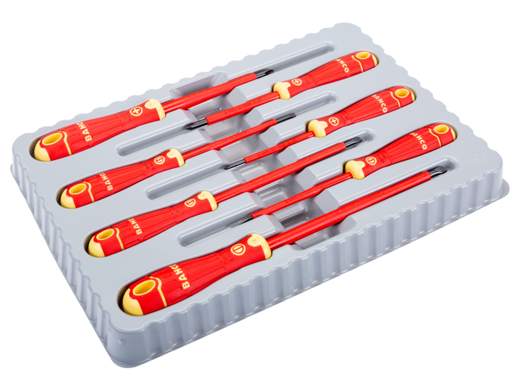 Juego de destornilladores ranurados y Phillips aislados VDE BahcoFit con mango multicomponente, 7 unidades