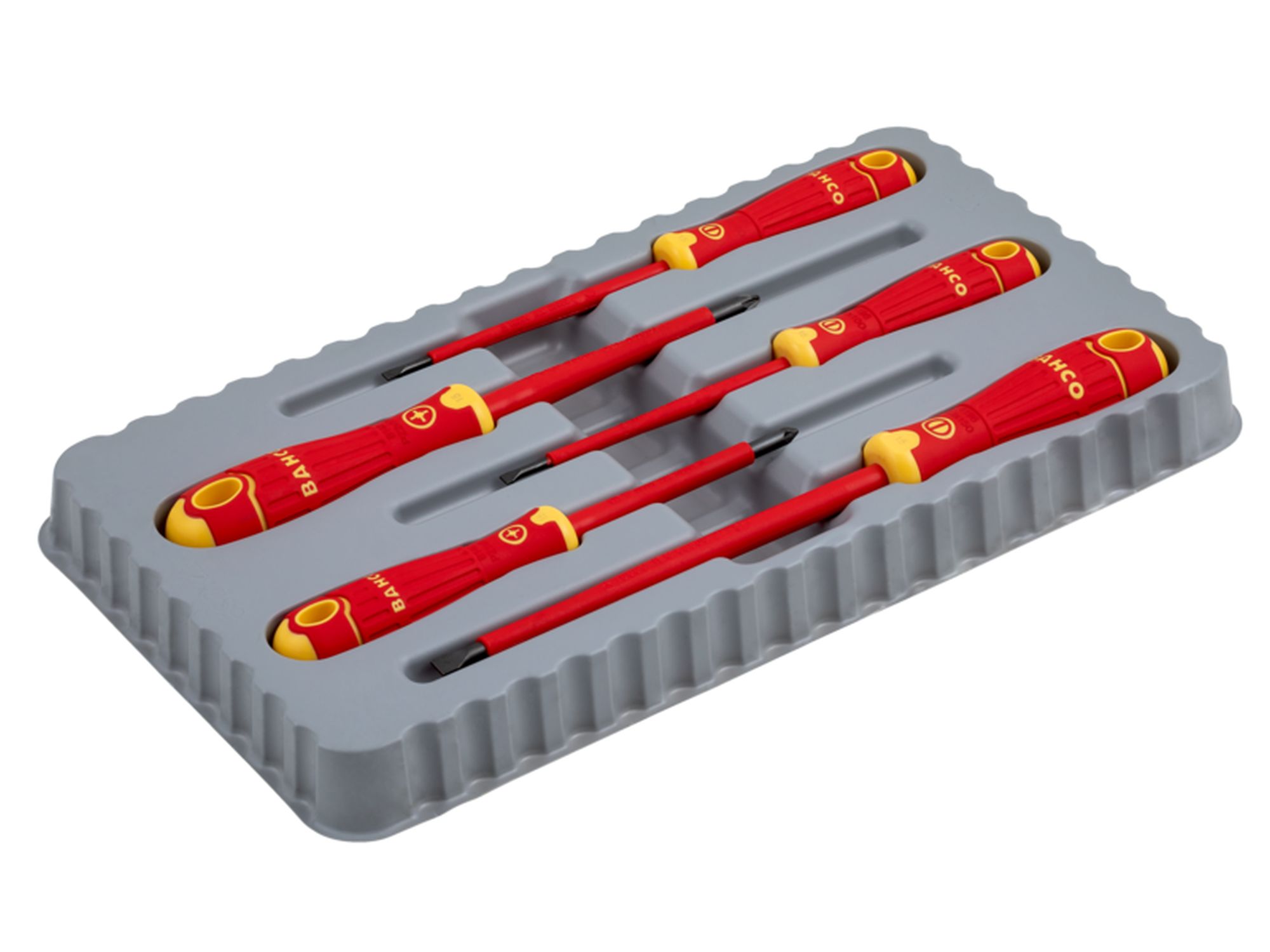 Juego de destornilladores ranurados y Pozidriv aislado VDE BahcoFit con mango multicomponente, 5 unidades