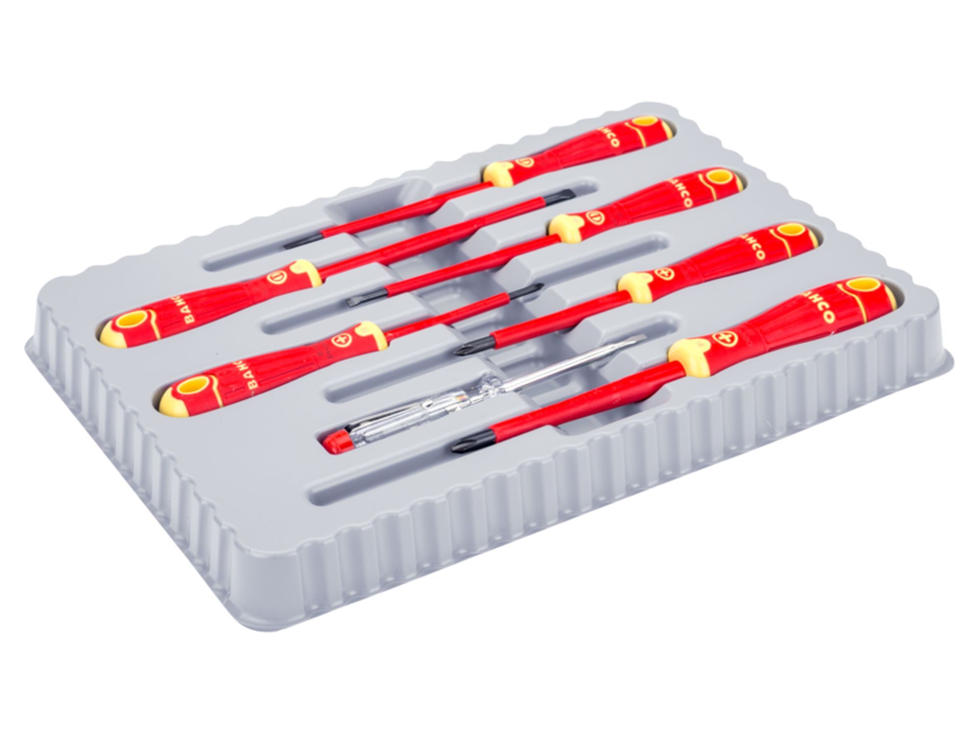 Juego de destornilladores aislados VDE BahcoFit con mango multicomponente con comprobador de tensión de 150 V-250 V: 7 unidades