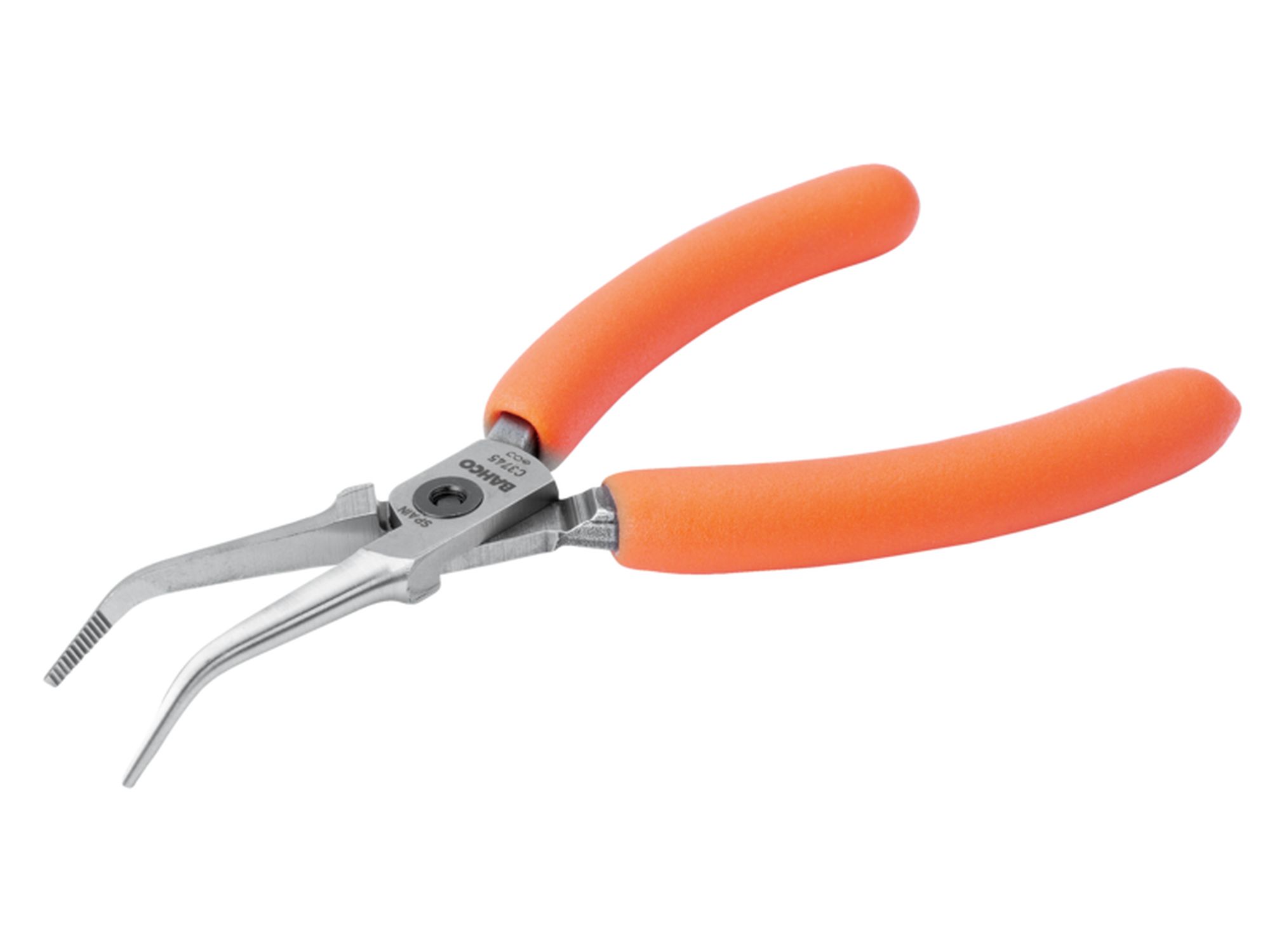 Alicates de boca semirredonda de aguja compactos con punta curvada a 45° y mango de PVC naranja de 141 mm