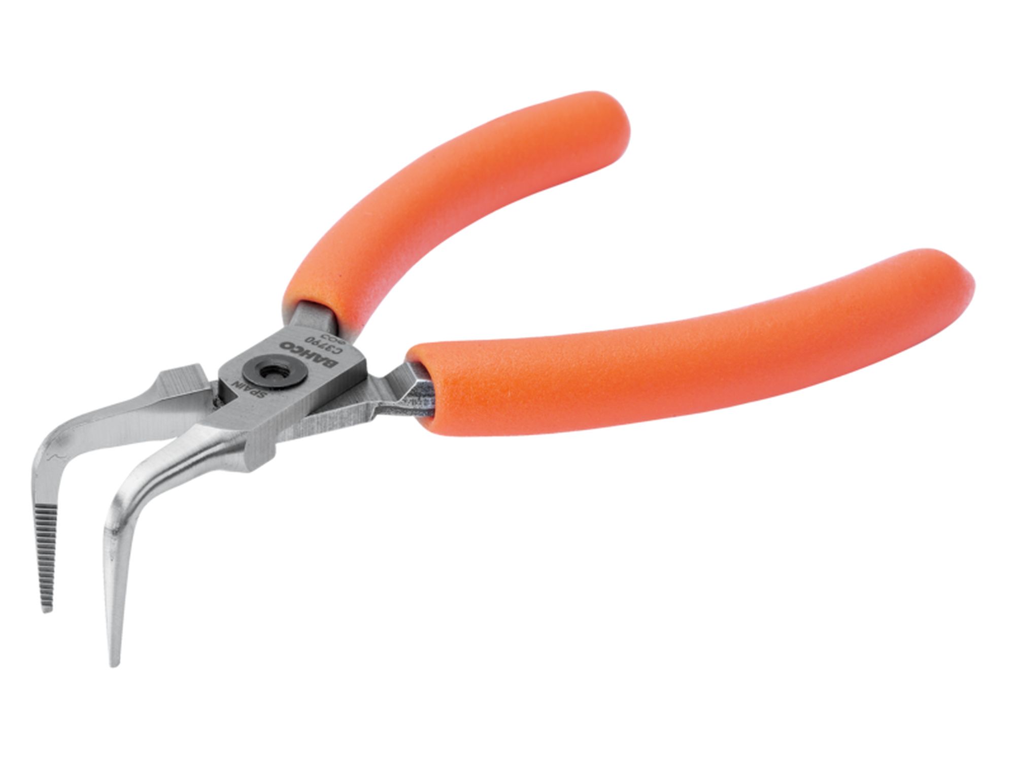 Alicates de boca semirredonda compactos con punta curvada a 90° y mango de PVC naranja de 125 mm (embalaje industrial)