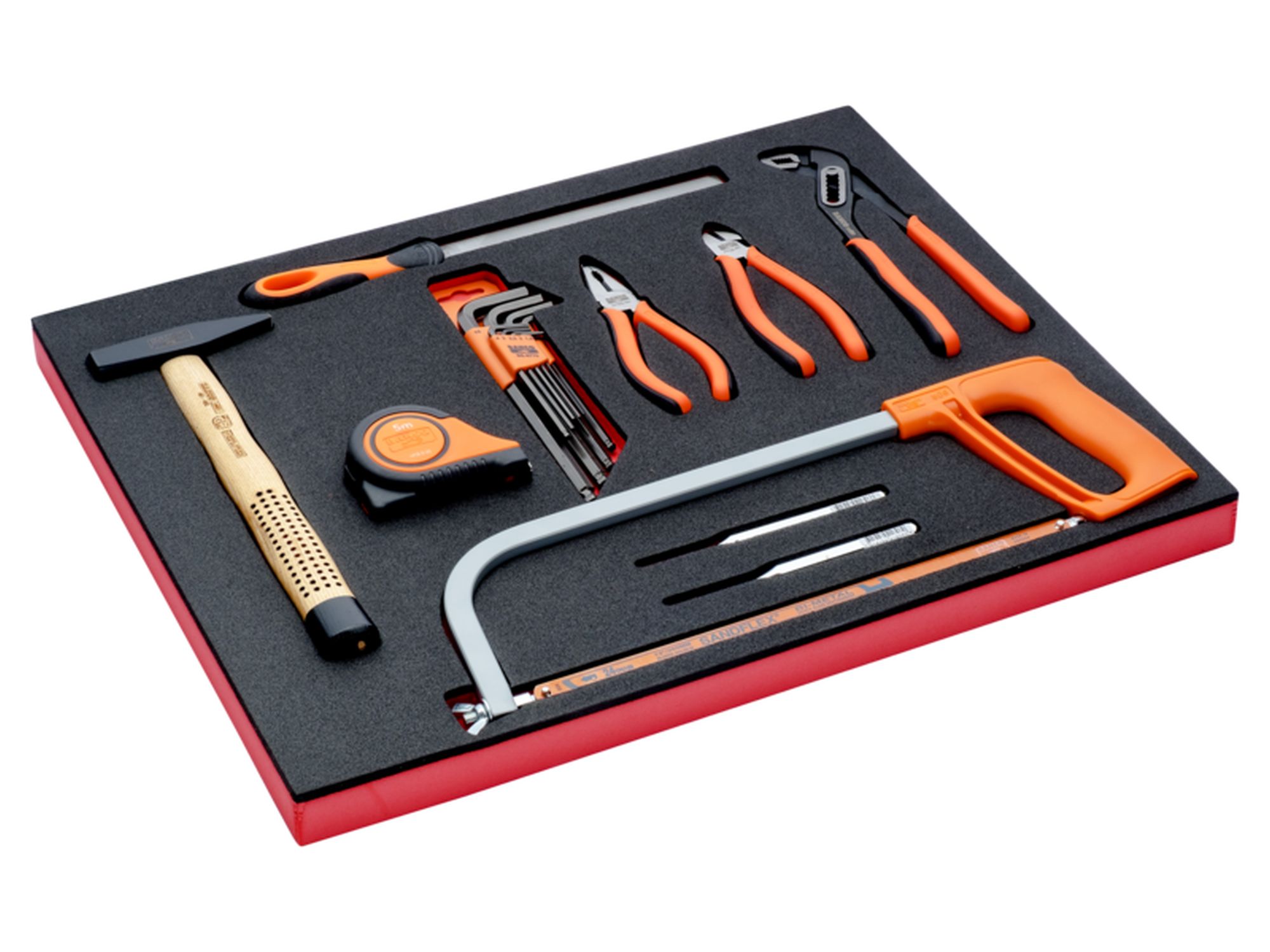 Composición de alicates, herramientas de medición y golpeo en bandeja de foam 3/3 Fit&Go, 18 unidades