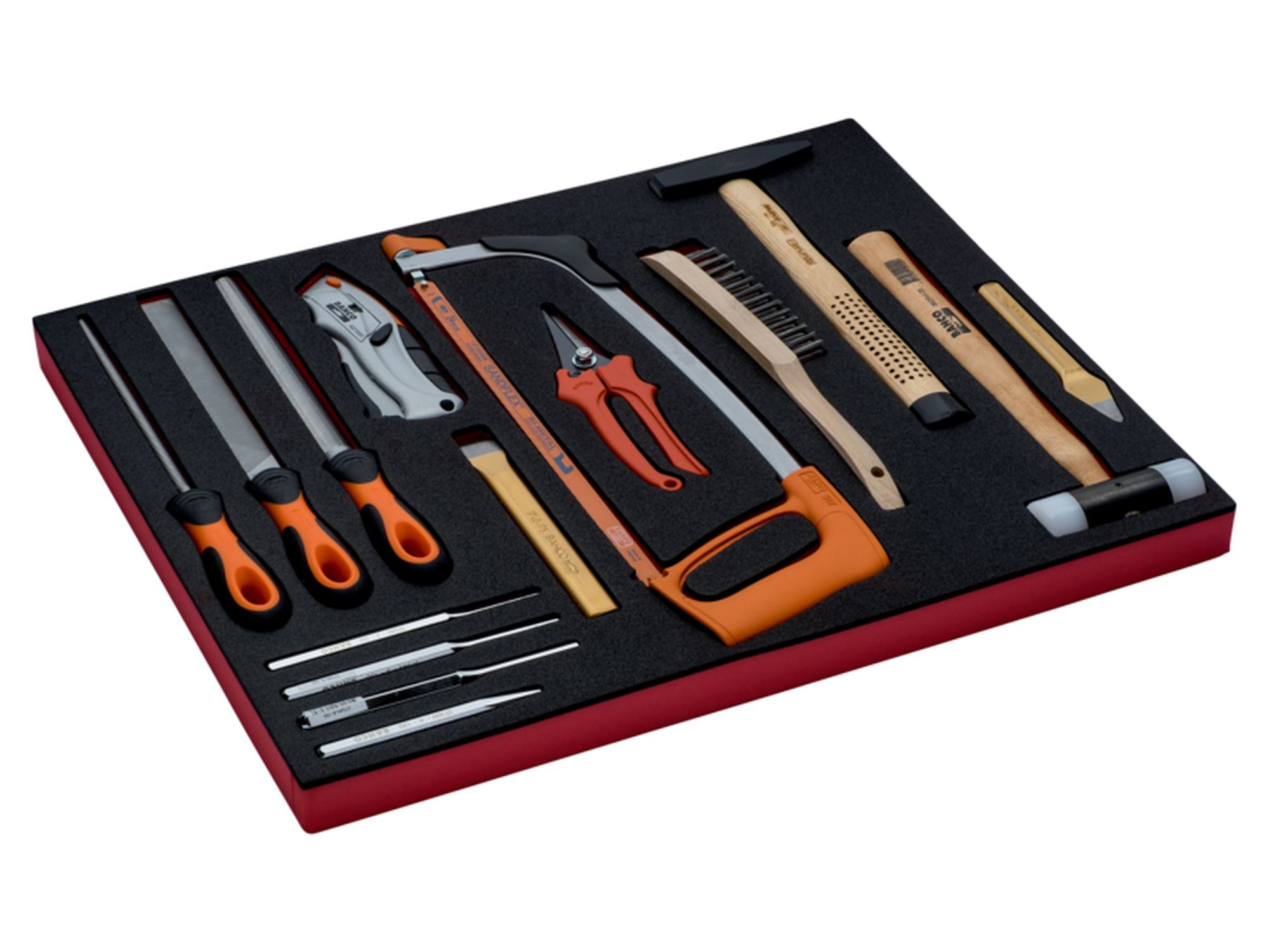 Composición de herramientas de afilado y golpeo con arco de sierra en bandeja de foam 3/3 Fit&Go, 15 unidades