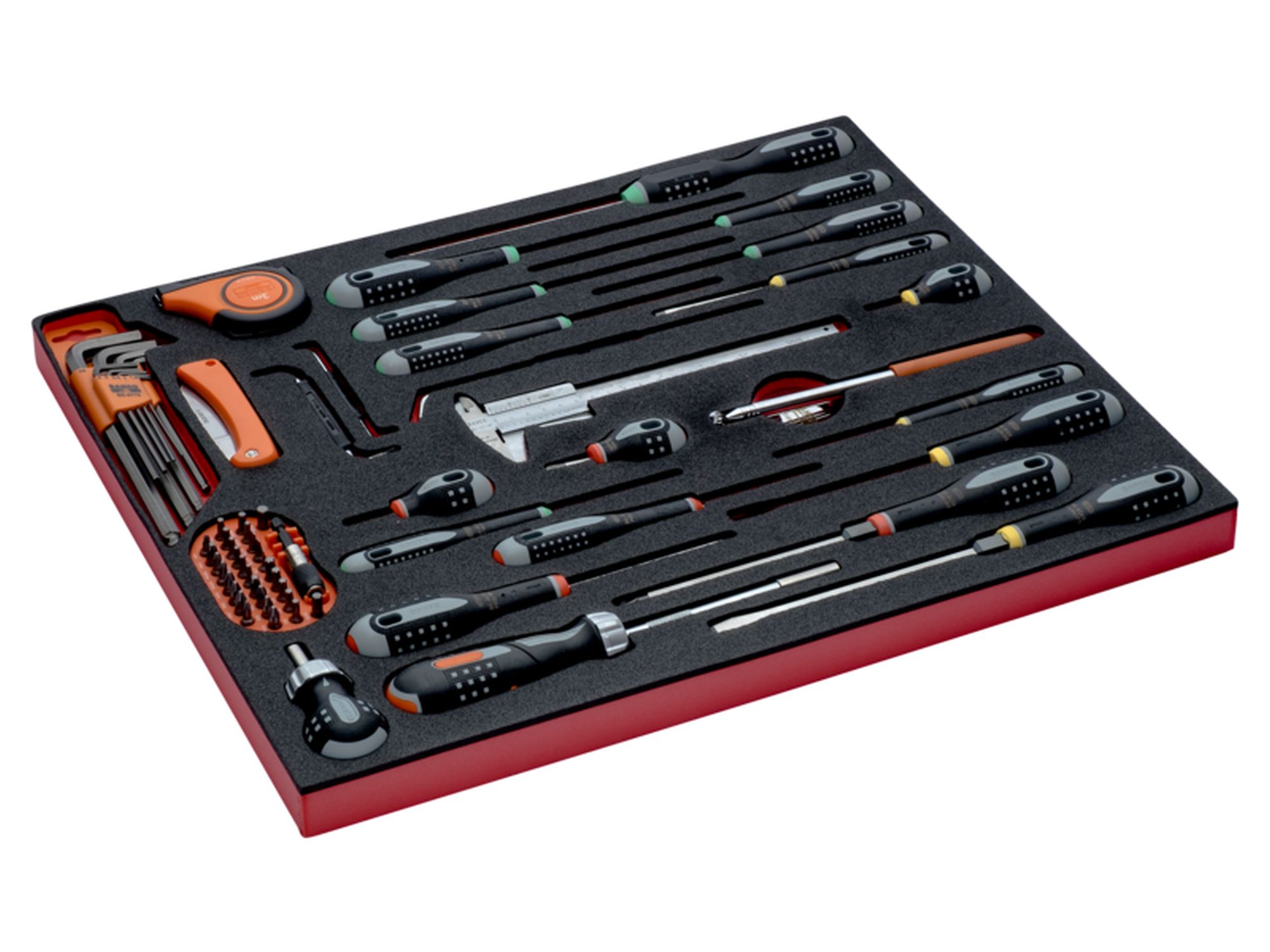 Composición de destornilladores y herramientas de medición en bandeja de foam 3/3 Fit&Go, 66 unidades