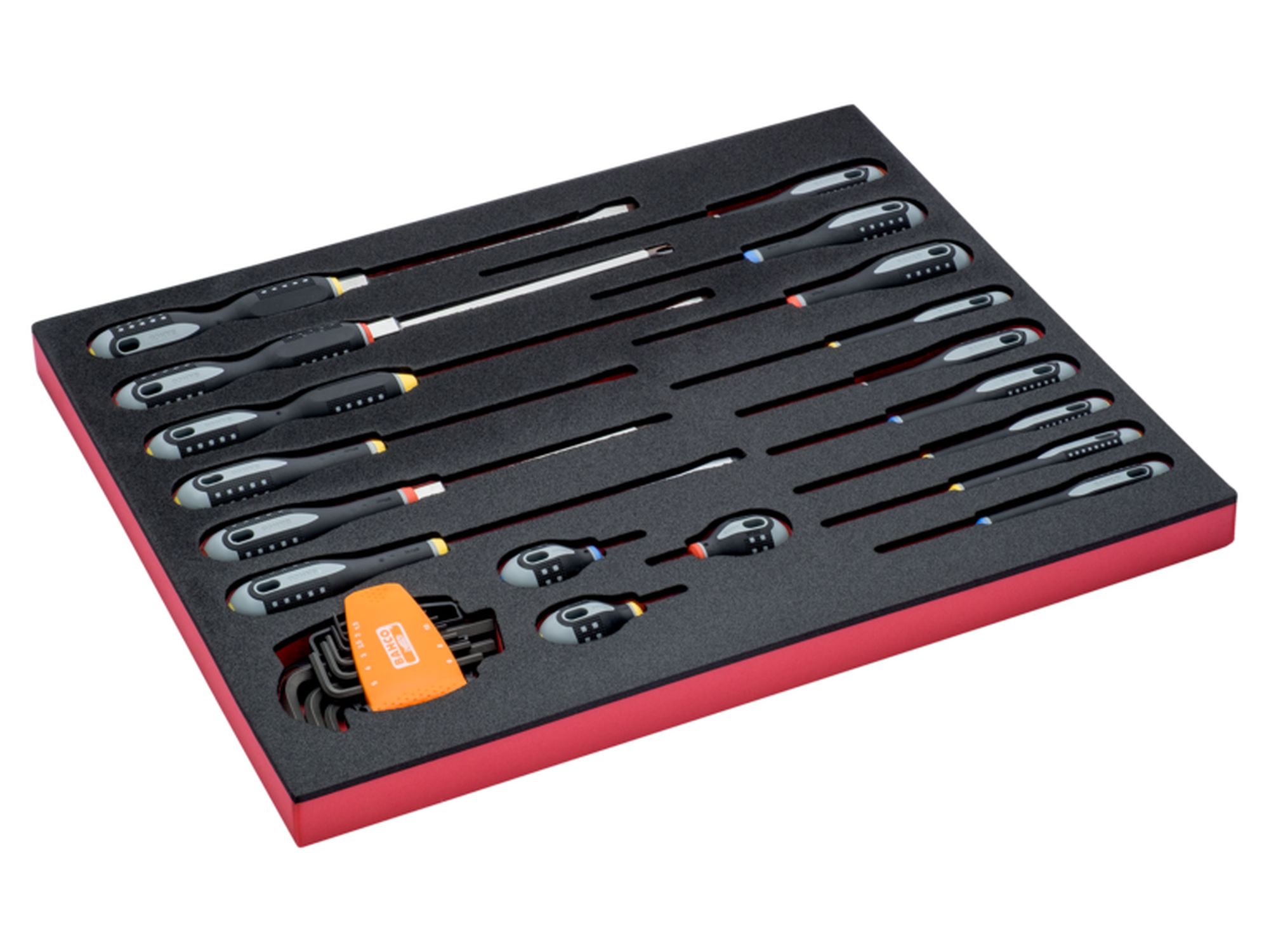 Juego de destornilladores para llaves acodadas, ranurados, Phillips y Pozidriv en bandeja de foam 3/3 Fit&Go, 27 unidades