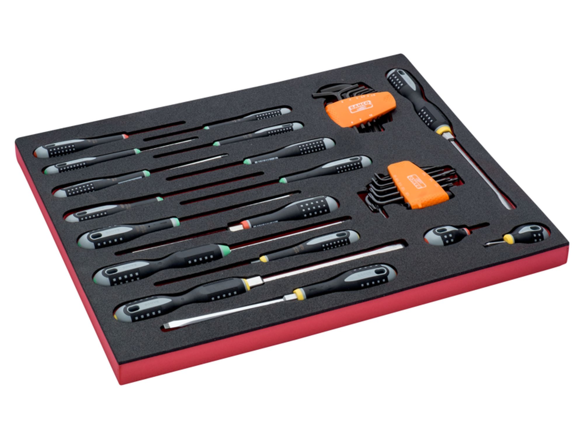 Juego de destornilladores para llaves acodadas, ranurados, Phillips, Pozidriv y TORX en bandeja de foam 3/3 Fit&Go, 34 unidades