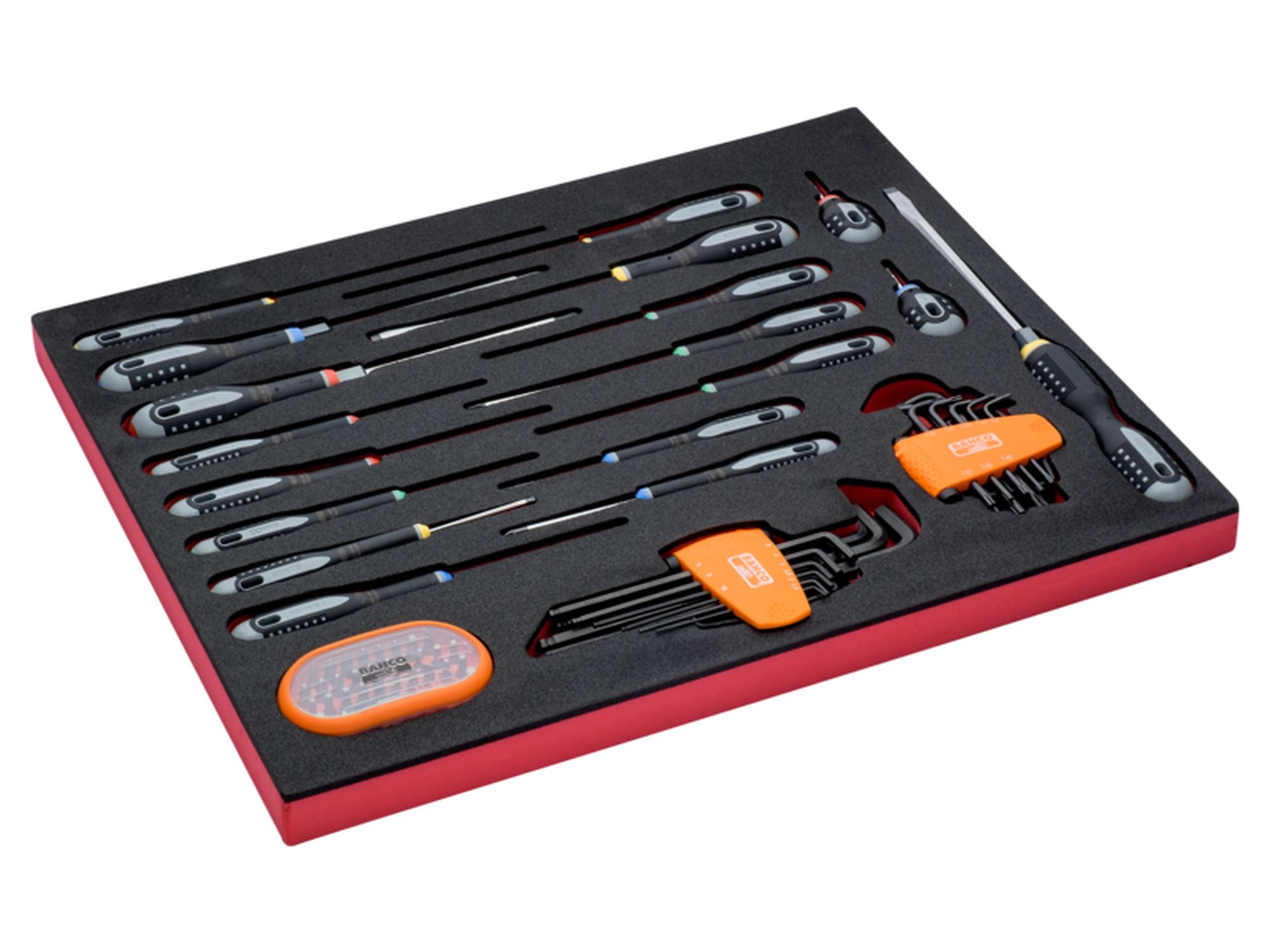 Juego de puntas, llaves acodadas y destornilladores en bandeja de foam 3/3 Fit&Go (66 piezas)