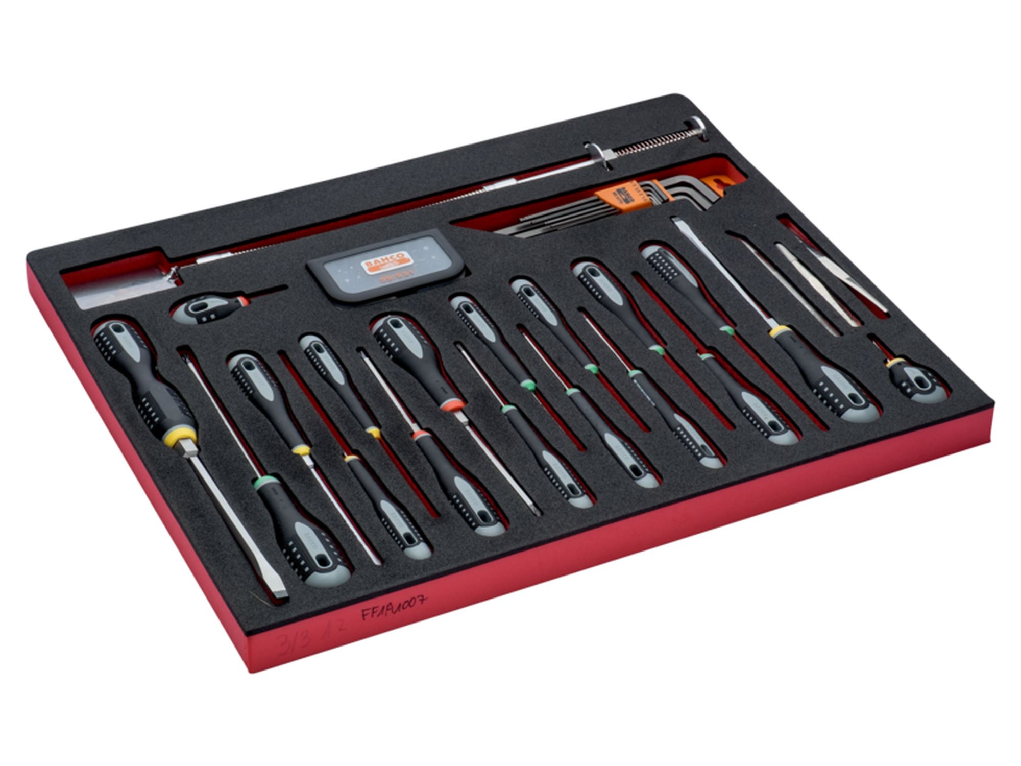 Juego de puntas, llaves acodadas y destornilladores en bandeja de foam 3/3 Fit&Go, 63 unidades