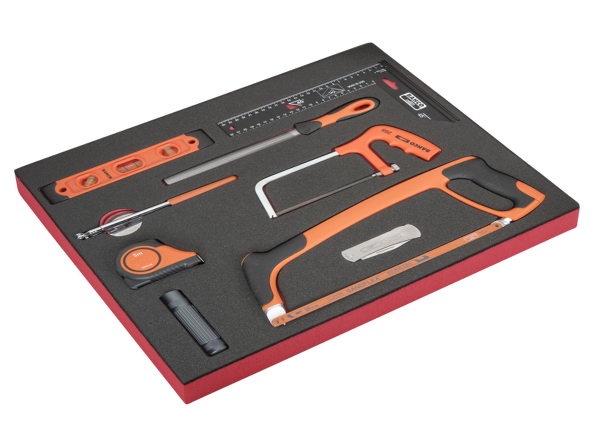 Composición de herramientas de medición y corte en bandeja de foam 3/3 Fit&Go, 9 unidades