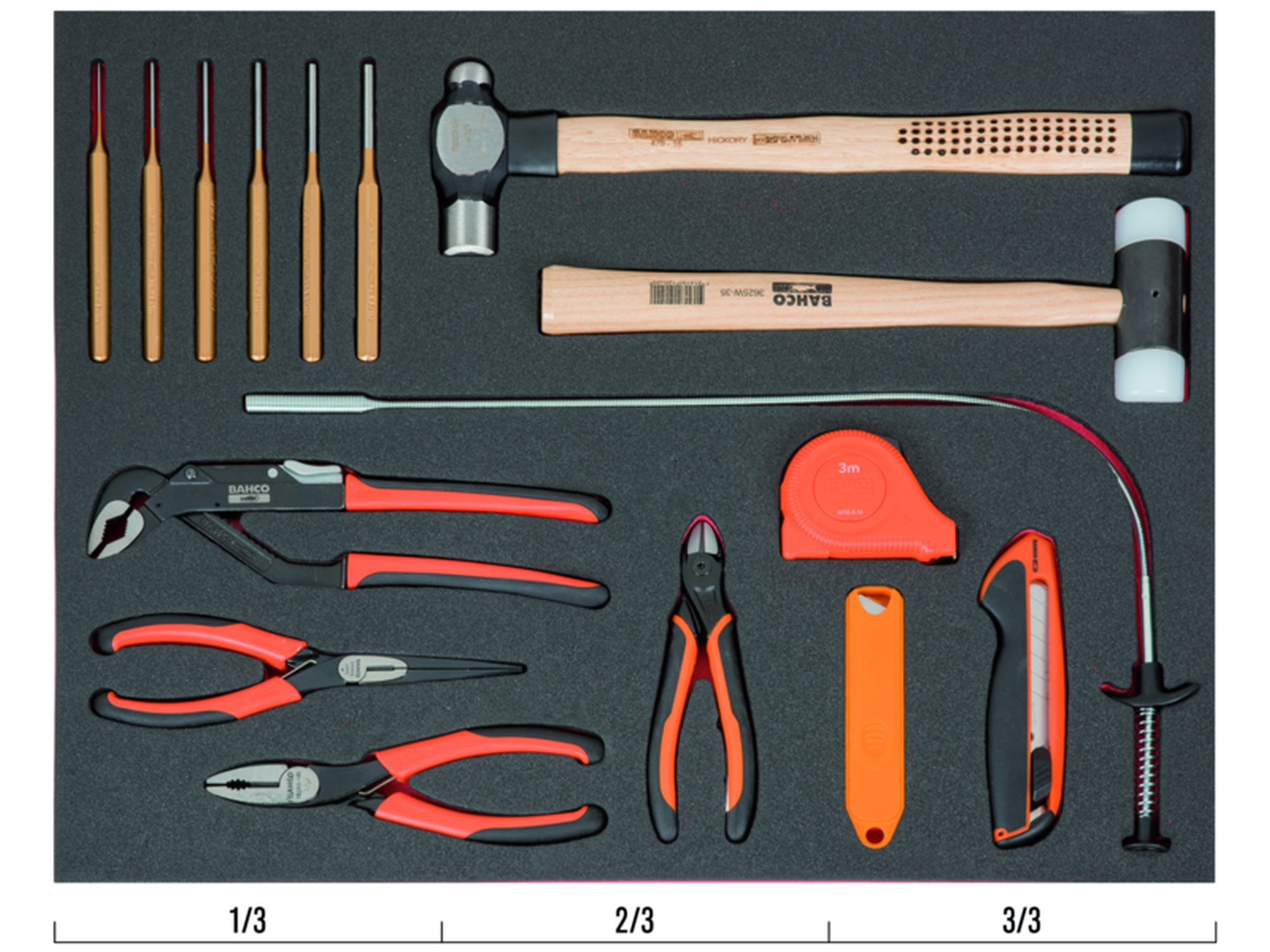 Composición de herramientas de corte y golpeo en bandeja de foam 3/3 Fit&Go (11 piezas)
